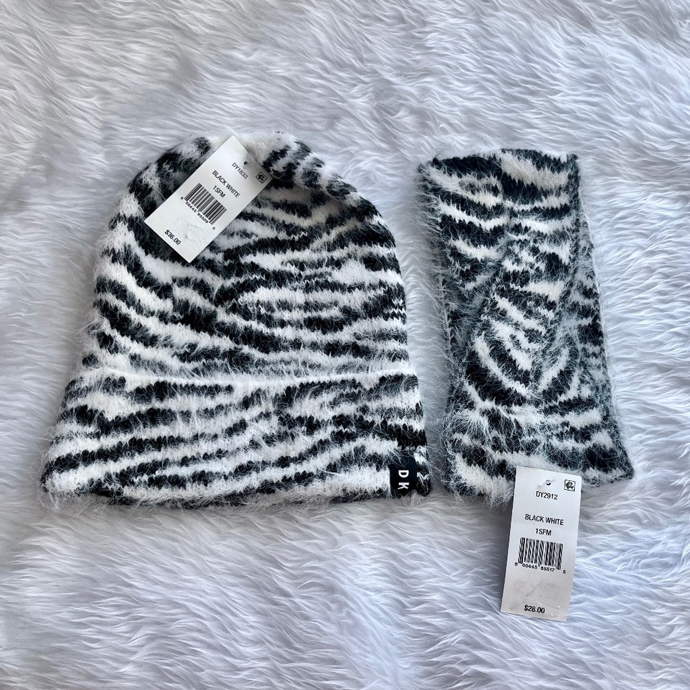 (NWT) Women's DKNY White/Black Fuzzy Animal Print Knit Beanie & Headband Set